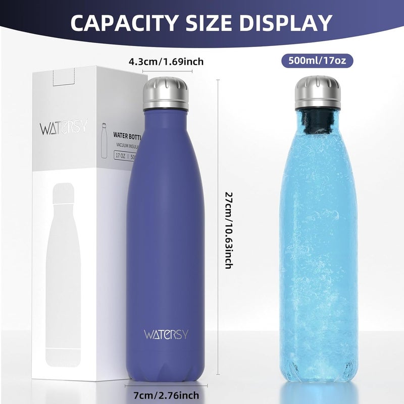 WATERSY Stainless Steel water bottles,17oz/500ml Insulated Water Bottles,Deep Blue metal water bottle Keeps Drink Cold and Hot,BPA Free kids water bottles for School,Gym,Travel,Sports - Image 3